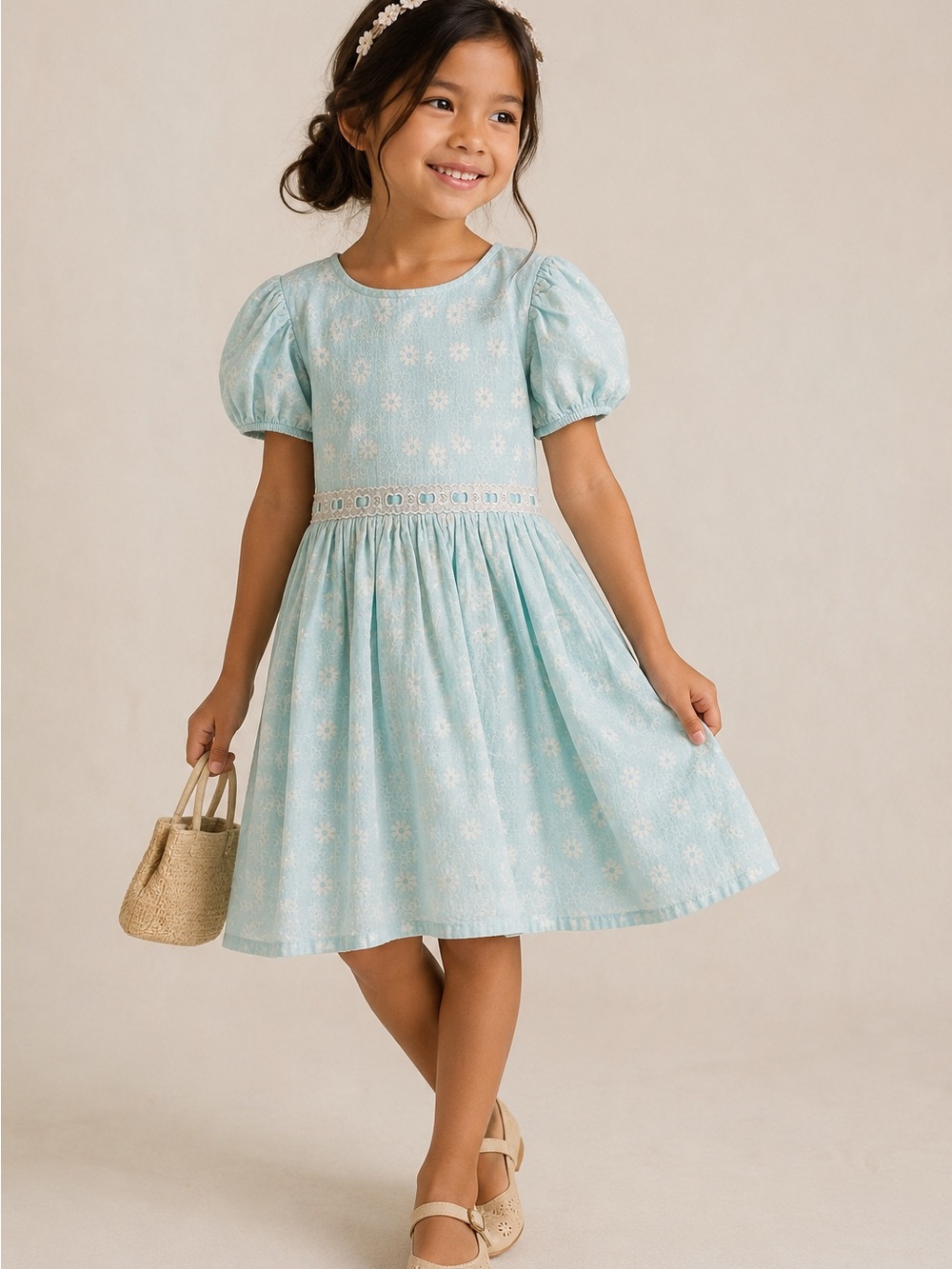 No label ~ Light Blue Floral Puff-Sleeve Kids Dress ~ Size 4/5